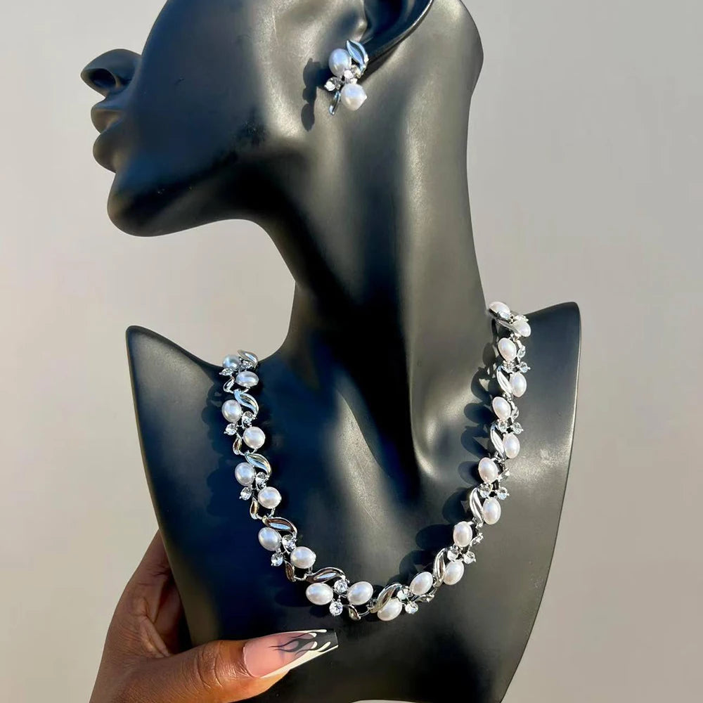 Elegant Imitation Big White Pearl Necklace Earring Jewelry Set for Women Party Wedding Pearl Accessories