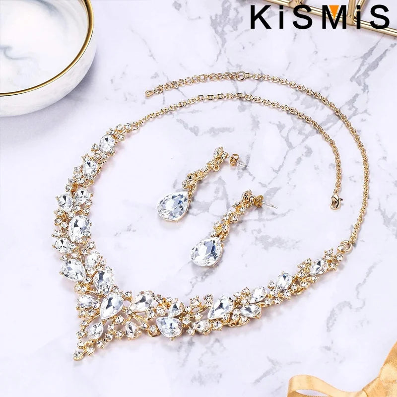 Elegant Bridal Crystal Rhinestone Necklace Earrings Set Wedding Valentine Gift Teardrop Dangle