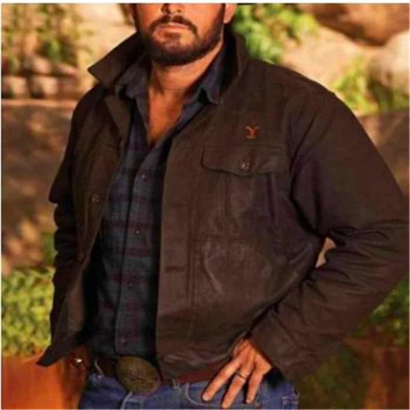 Men's black cotton denim jacket by Ansoff, 5XL cowboy-style jean coat with autumn and winter wear, casual and rugged fashion.
