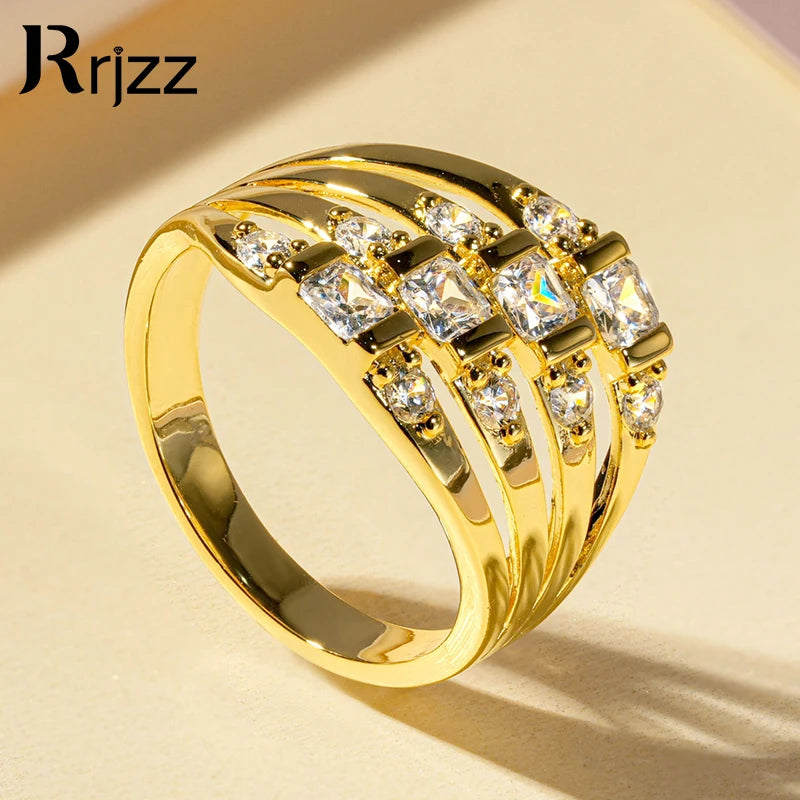 Rrjzz Luxury 14k Gold Plated Gemstone Ring Bagguete Radiand Cut CZ Simulated Diamond Rings for Women Men Finger Jewelry Gifts