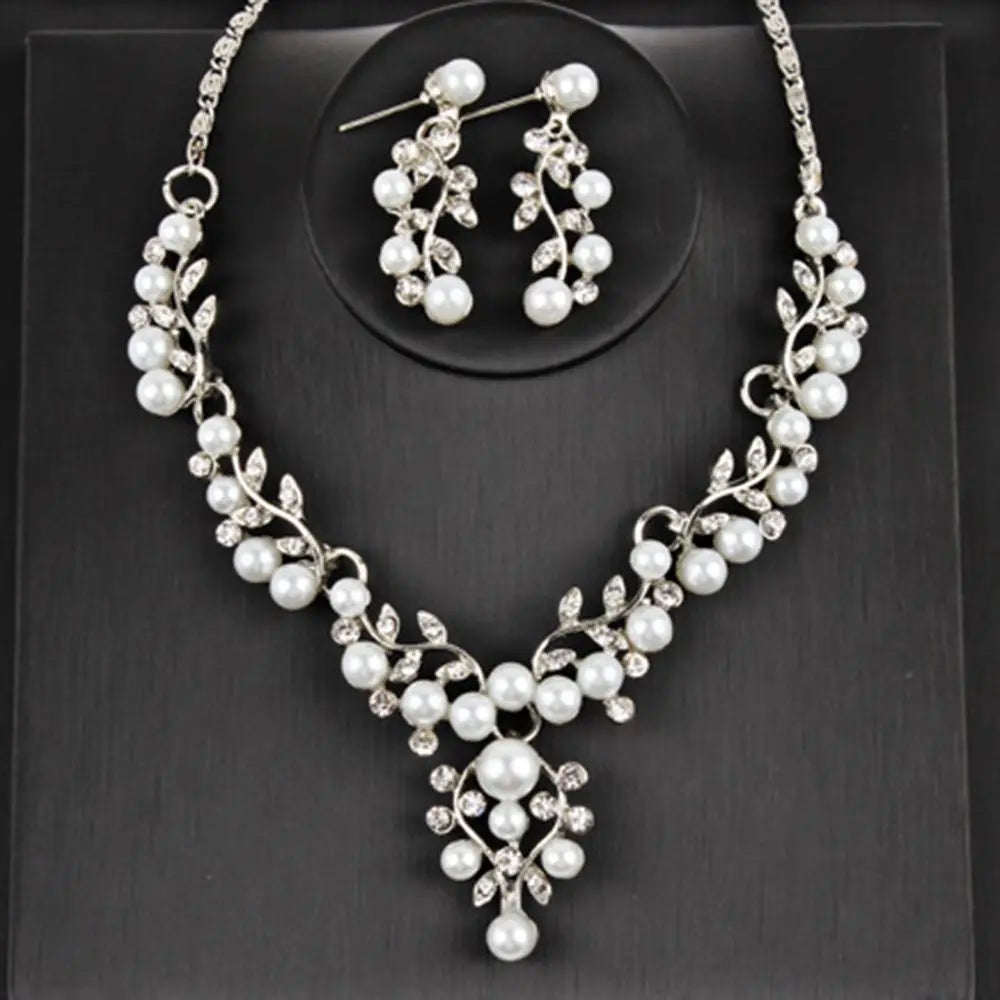 Charm Gifts Party Imitation Pearl Necklace Crystal Engagement Simulated Earrings Silver Plated Jewelry Sets Wedding Bridal