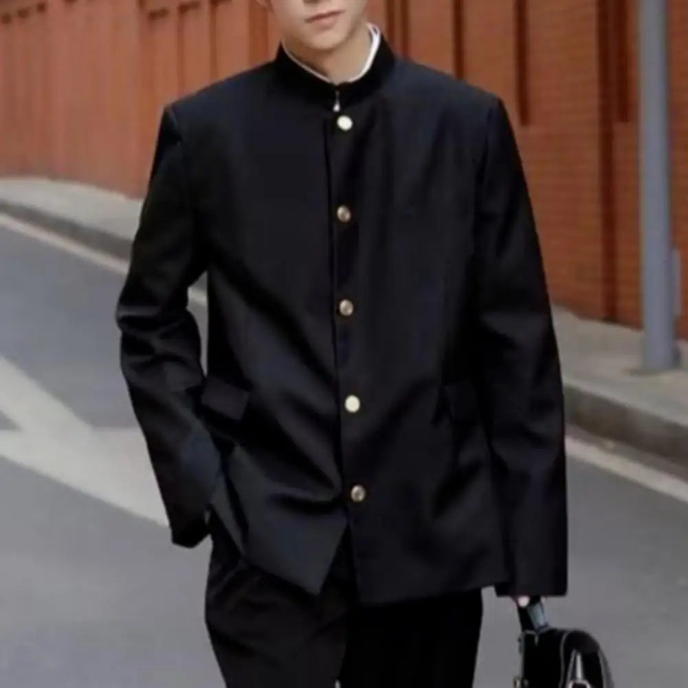 Men's Japanese style school uniform suit coat by Ansoff, featuring a stand-up collar, single-breasted design, and flap pockets.
