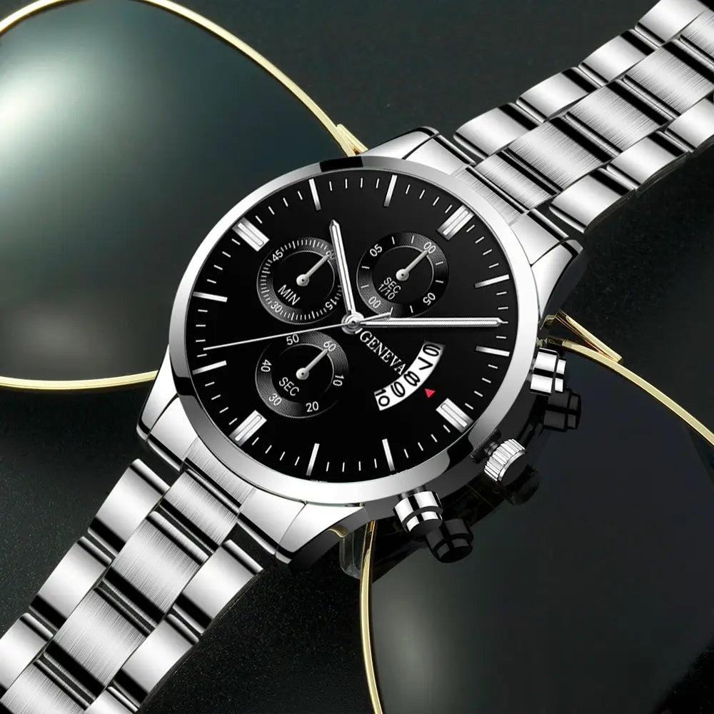 Ansoff men's luxury silver stainless steel quartz wristwatch with calendar display, stylish business watch for men.