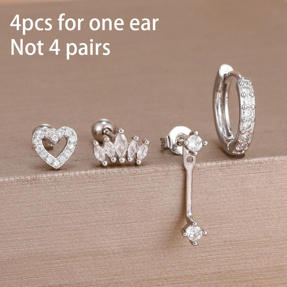 4PCS Stainless Steel Circle Huggie Hoop Earrings Set for Women Gold Color Unique Zircon Flower Stud Earring Piercing Jewelry