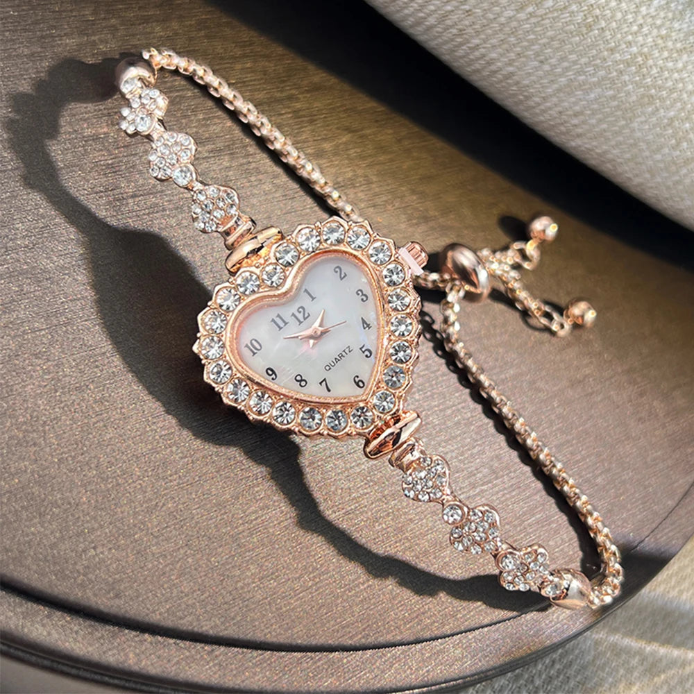New Fashion Heart-shaped Ribbon-Strap Diamond-Studded Flower Watch for Women with Adjustable Bracelet - Acros