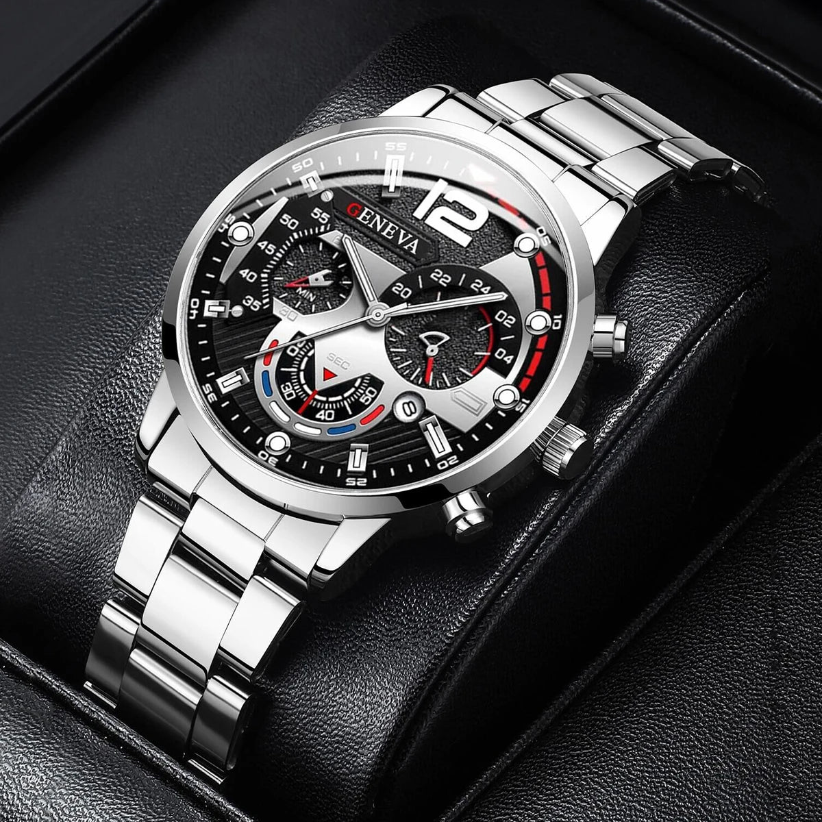 Ansoff men's stainless steel band analog quartz wristwatch with calendar display, stylish and durable for everyday wear.