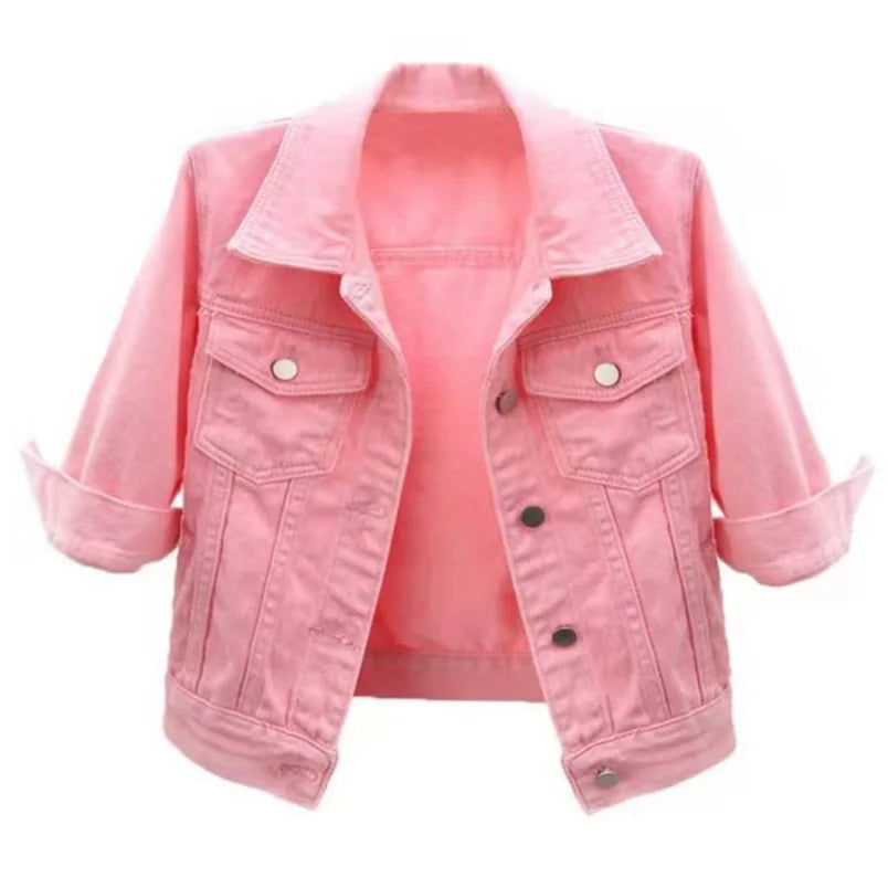 Women’s pink and purple denim jacket by Ansoff, casual spring autumn short coat with loose fit, colorful jean outerwear.