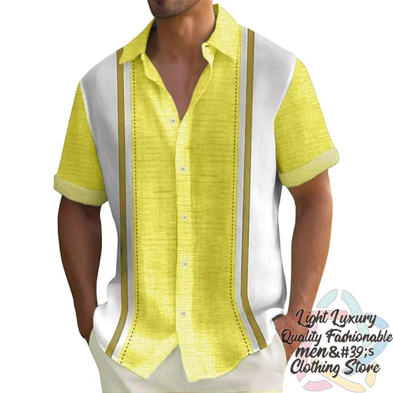 Men's summer striped linen print shirt by Ansoff, casual short-sleeved Hawaiian style with oversized fit and collar.