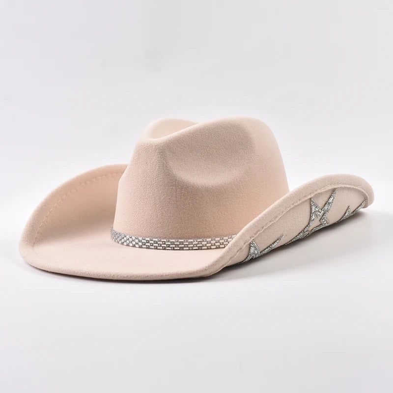 Women’s wide brim cowboy hat by Ansoff with rhinestone star embellishments, perfect for weddings, dance floors, and costume parties.