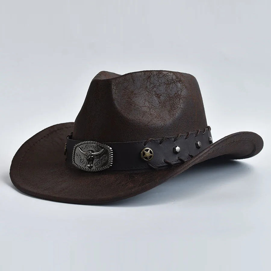 Western cowboy hat for men and women by Ansoff, vintage faux leather cowboy and cowgirl costume sombrero in classic style.
