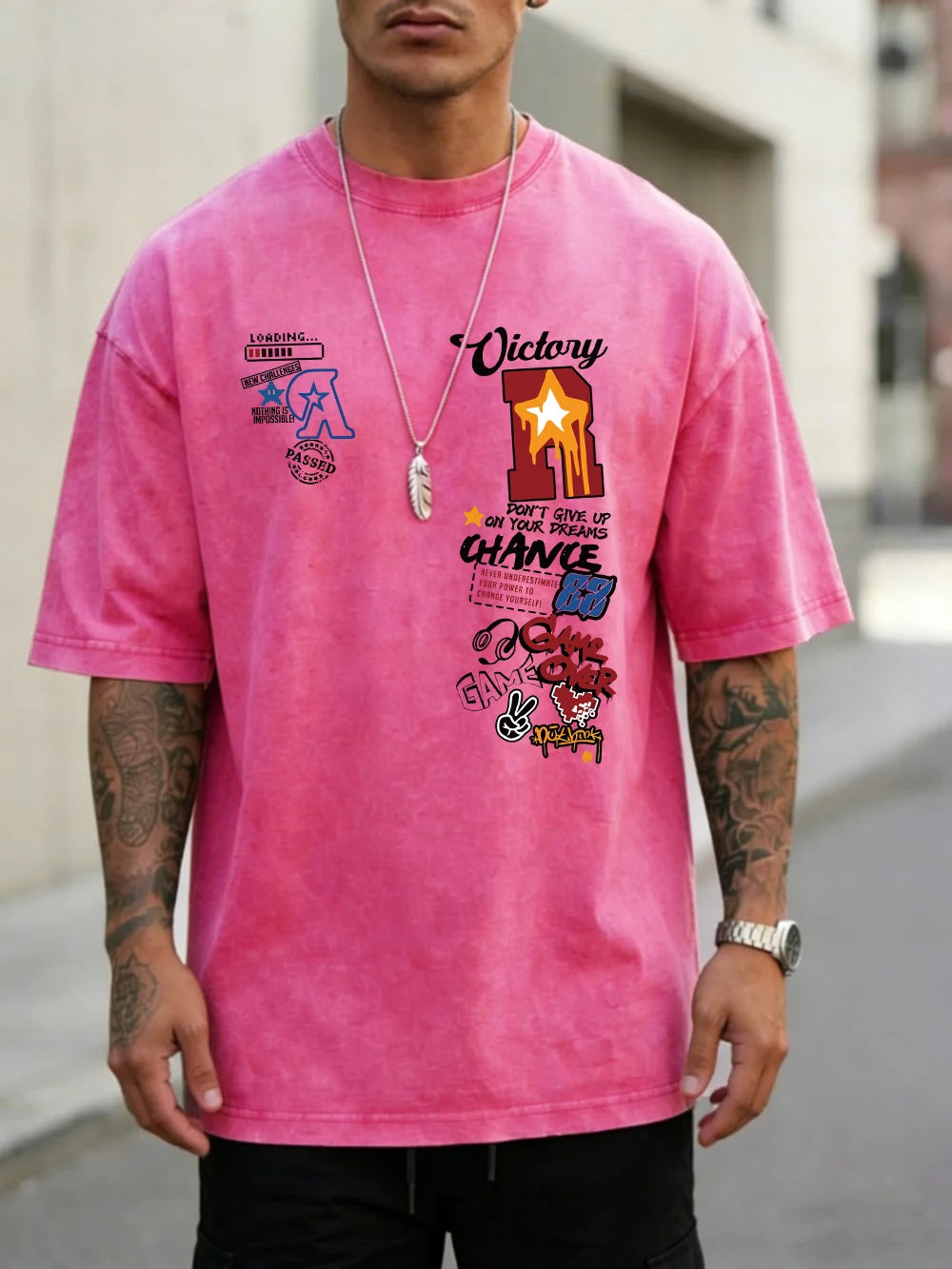 Ansoff men's washed cotton oversized sports letter jersey print short sleeve T-shirt with casual O-neck, ideal for summer wear.
