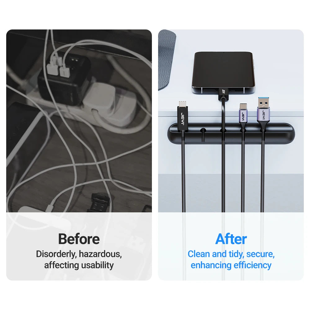Ansoff adhesive cable holder clips for desktop wire management, USB charging, power cords, and mouse cables on a nightstand.