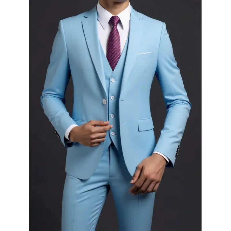 Men's fashionable British style suit by Ansoff, includes blazer, vest, and trousers for business, casual, or wedding occasions.
