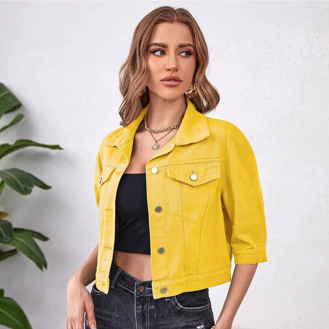 Ansoff women's cropped denim jean jacket with puff 3/4 sleeves, distressed details, purple yellow white blue stretch fabric, and front pockets.