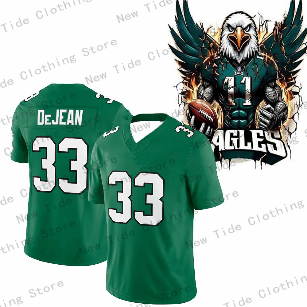Ansoff DeJean Green athletic jersey with breathable mesh fabric, short sleeves, designed for game day and casual wear.