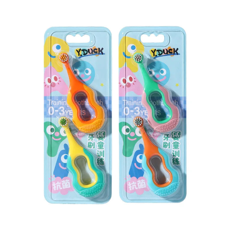 Two Ansoff Step by Step antibacterial children's toothbrushes with soft bristles, designed for infants and toddlers aged 0-9 months.