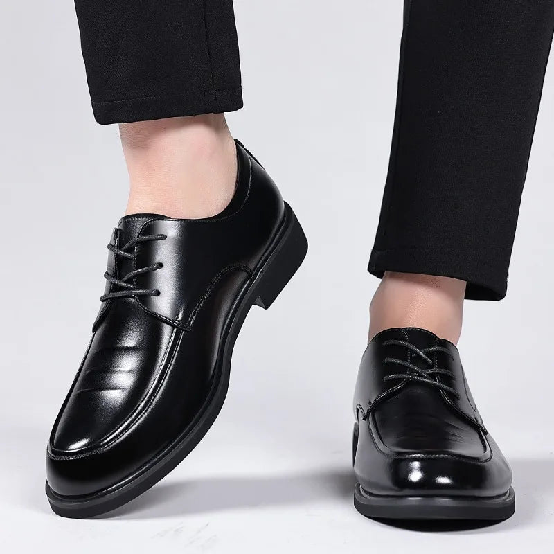 Men's Genuine Leather Shoes Summer Business Casual Wedding Low Top round Toe Rubber Outsole Anti-Slip Lace-Up Boots