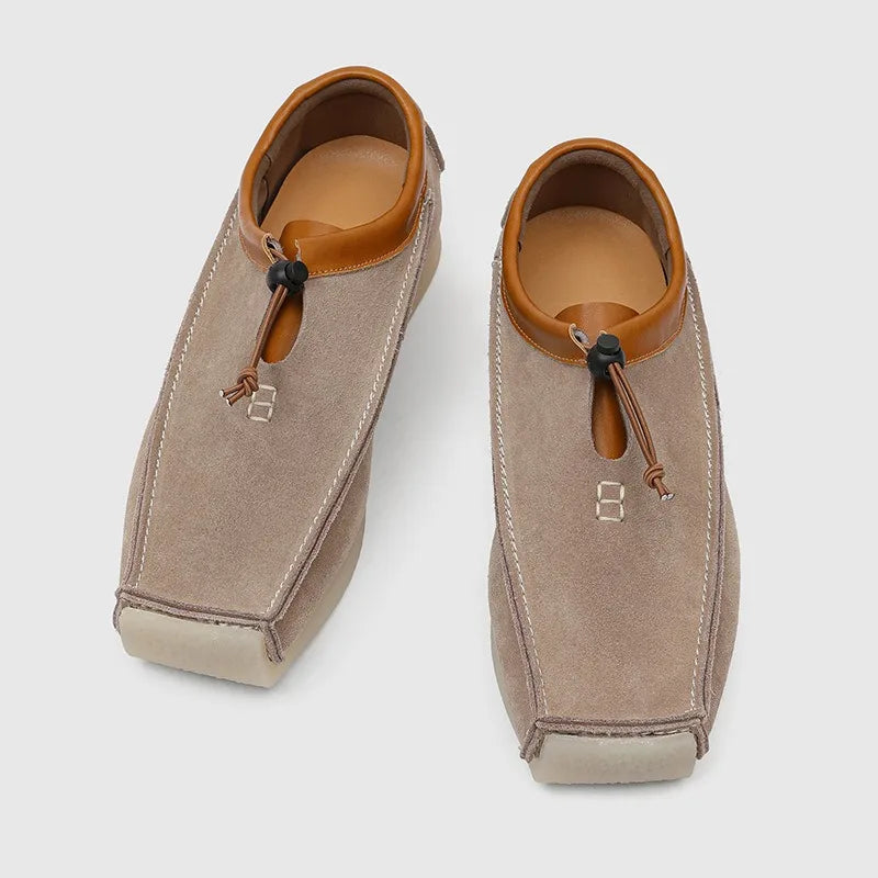 Ansoff men's square toe suede loafers, luxury designer casual sneakers with skateboard moccasin style in dark suede.