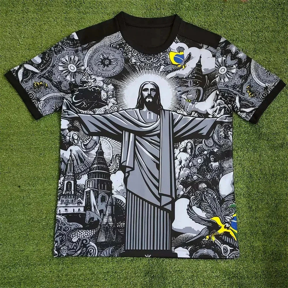 Ansoff Brazil summer football training top, black and grey quick-drying jersey with Jesus graphic for adults and children.