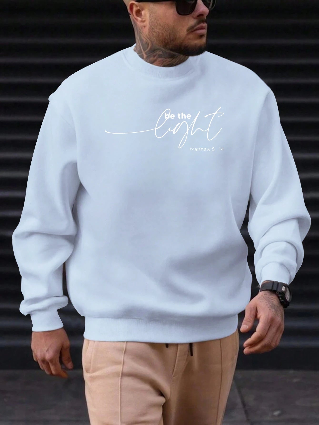 Men's Sweatshirt 2025 New Arrival Minimalist Cozy Relaxed Fit Elegant Calligraphy “Be the Light” Matthew 5:14 Quote Top - Acros