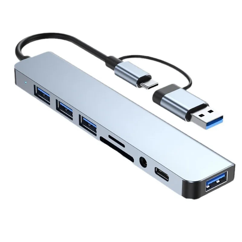 Ansoff 8-in-2 USB and Type C HUB docking station with 3.5mm audio jack, micro SD card reader, and multiple ports for laptops and tablets.