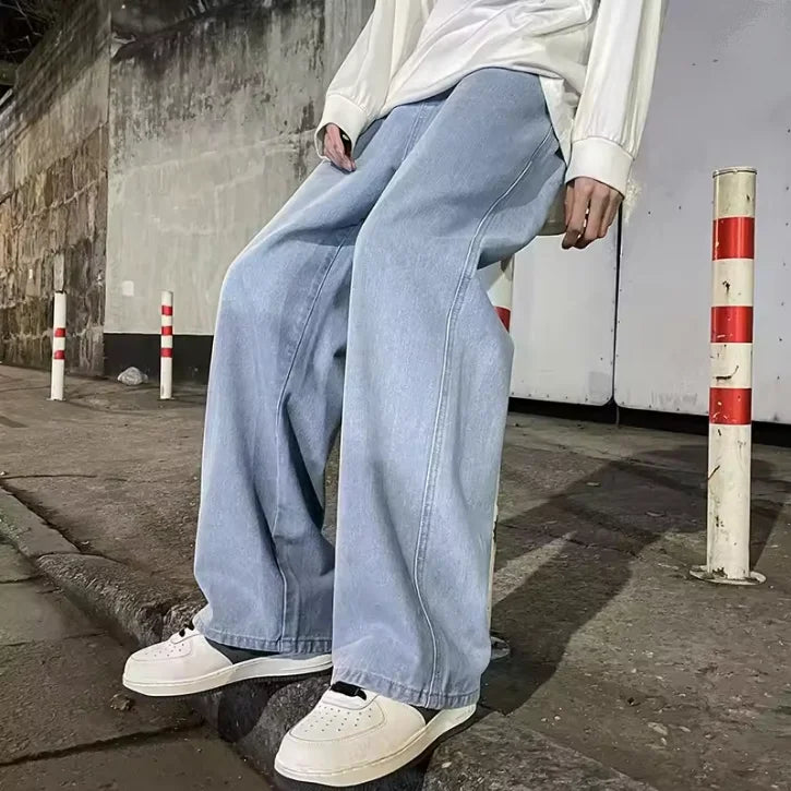 Ansoff men's black and light blue loose streetwear jeans, Korean style straight wide-leg pants, casual men's fashion clothing.