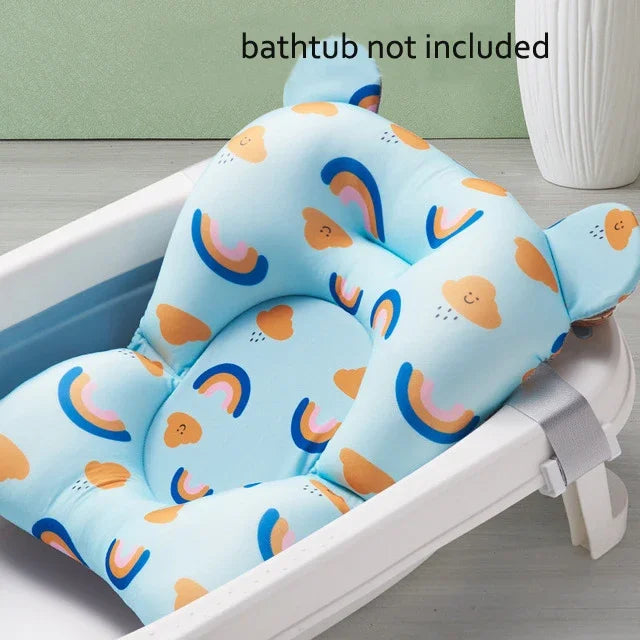 Ansoff baby shower bath tub pad with non-slip surface and soft animal-shaped cushion for newborn safety and comfort in the bathtub.