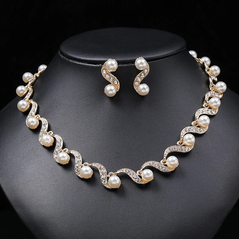 Crystal  Wedding Necklace  Fashion  Pearl  Earring Bridal For Women Elegant Rhinestone Jewelry Sets Party Gif