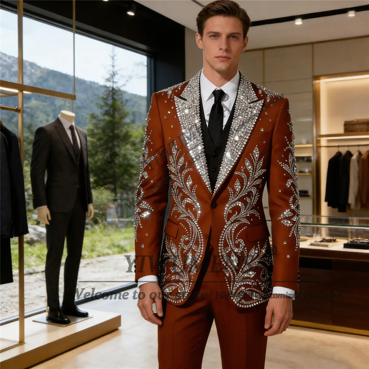 Ansoff luxury beaded crystal men’s 2-piece suit set with sequined blazer and slim fit tuxedo for weddings or parties.