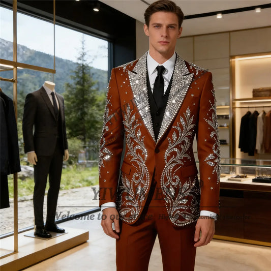 Ansoff luxury beaded crystal men’s 2-piece suit set with sequined blazer and slim fit tuxedo for weddings or parties.