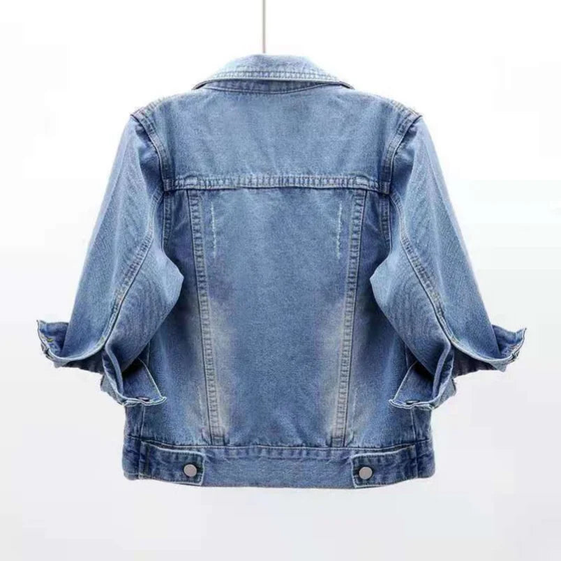Women’s pink denim jacket by Ansoff, casual spring and autumn short coat with purple, yellow, and blue accents, loose fit outerwear.