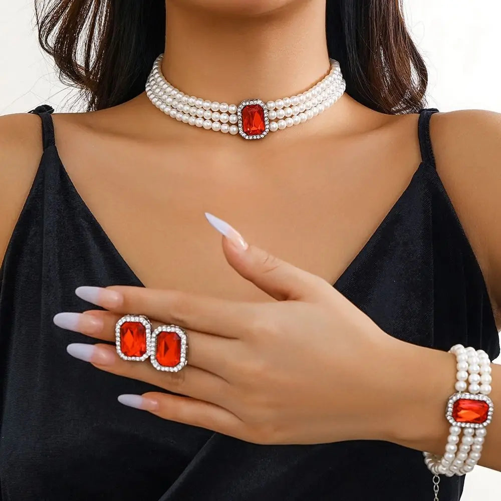 Rhinestones Pearl Jewelry Sets Multi-layer Bead Necklace Bracelet Earring Set Luxury Imitation Gem Bridal Jewelry Sets Party