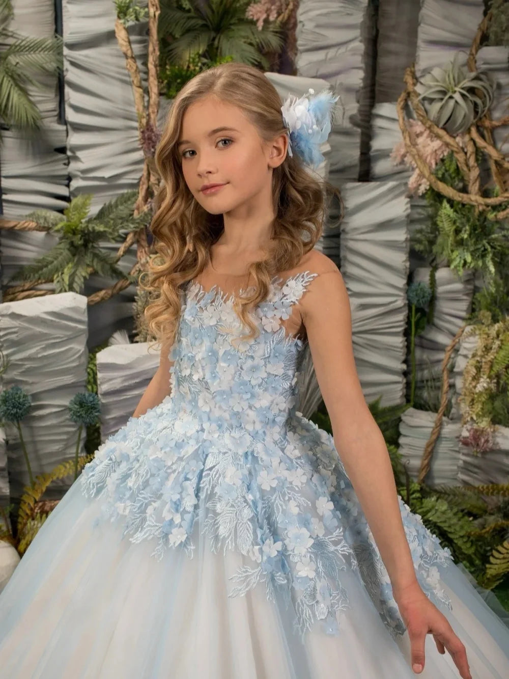 Light Blue Shimmering 3D Floral Princess Gown For Girls Birthday Party Classic Elegant Oneck Sleeveless Kids Dresses 2-14Y