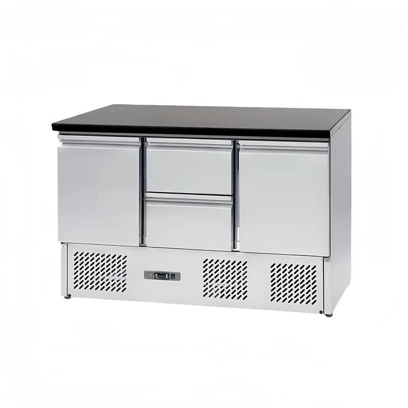 Ansoff stainless steel under counter freezer with two doors, commercial kitchen worktop fridge with air cooling in a restaurant setting.