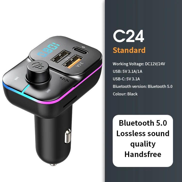 Ansoff Bluetooth 5.0 FM transmitter and handsfree car radio modulator with USB quick charge adapter and MP3 player in a vehicle.