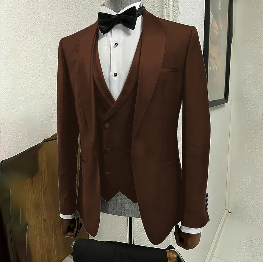 Black men's 3-piece tuxedo suit with shawl lapel, one-button jacket, perfect for wedding, formal events, by Ansoff.