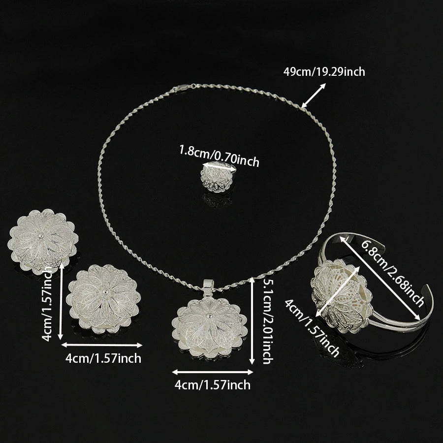 Elegant Silver Filigree Flower Jewelry Set Round Pendant Necklace Stud Earrings Bangle Silver Plated Dubai Style Bridal Wedding