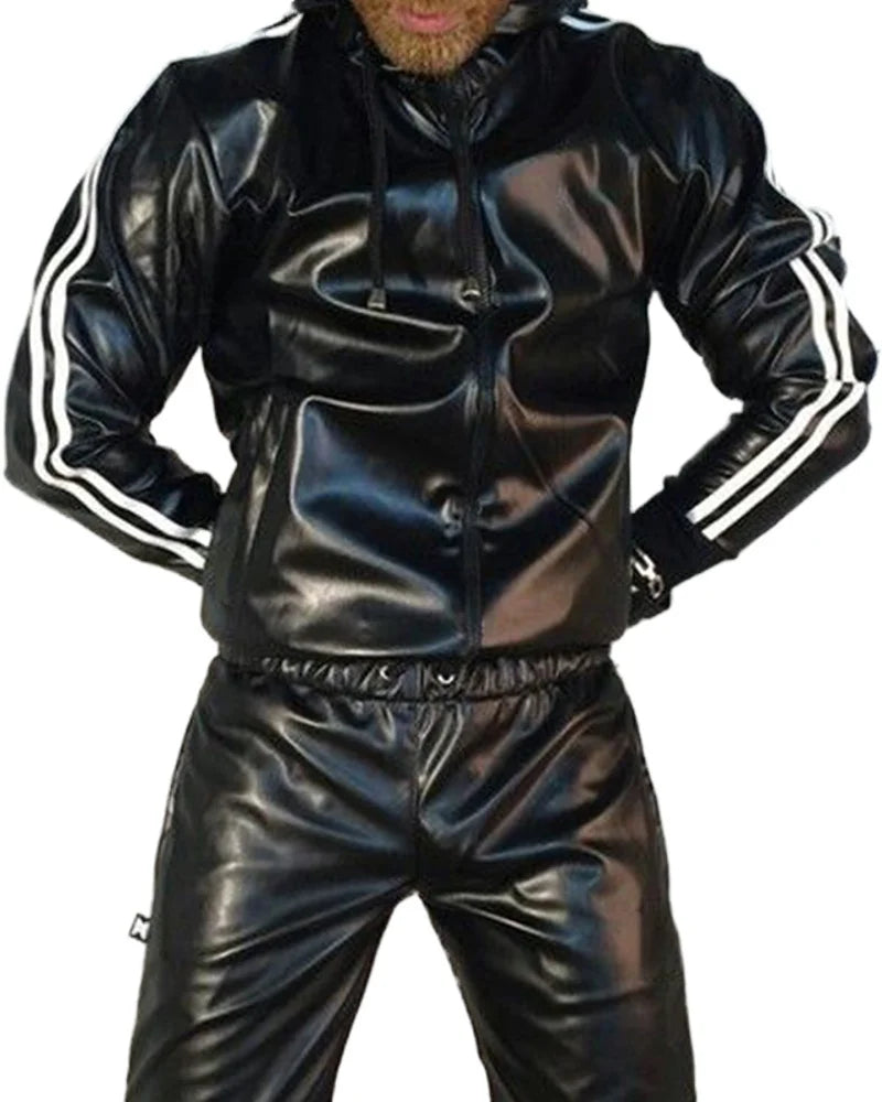 Men's casual PU leather hoodie and jogger suit by Ansoff, featuring a hooded tracksuit with a sporty, stylish design.