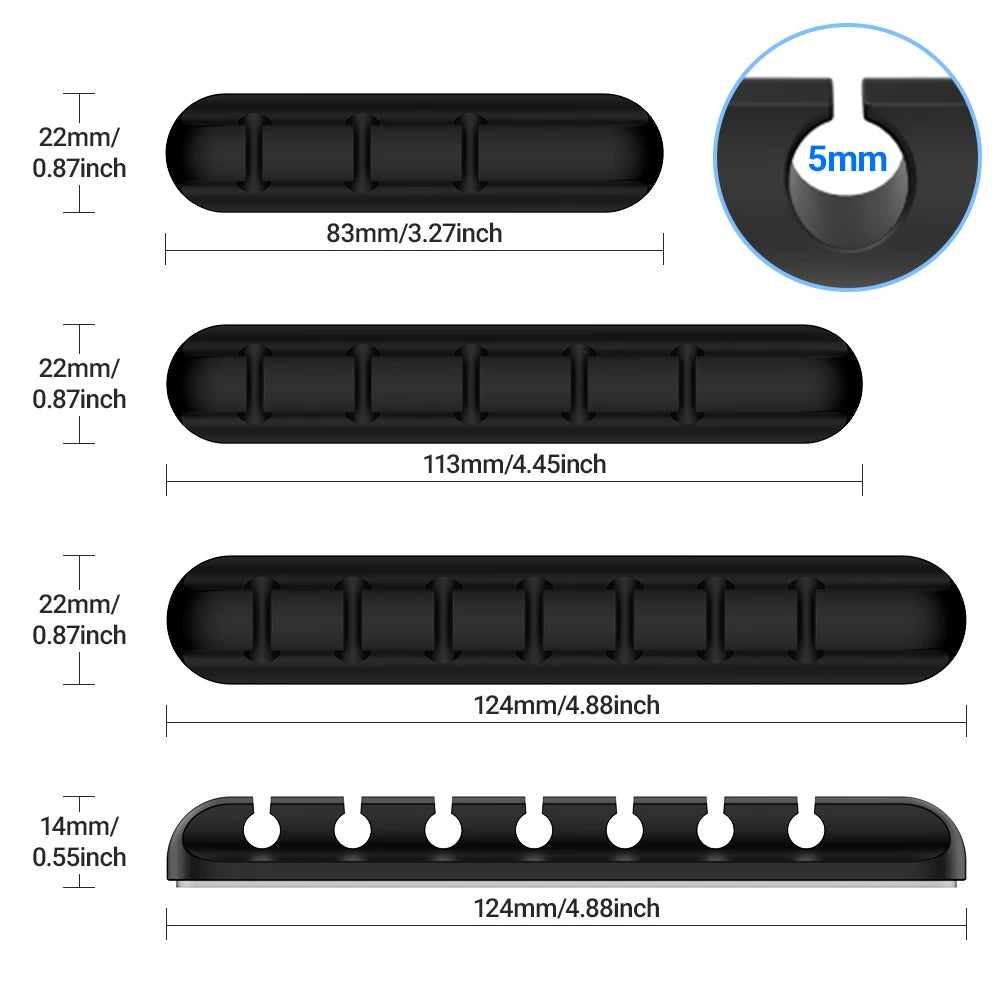 Ansoff adhesive cable holder clips organizing USB charging, power, and mouse cables on a desktop or nightstand.