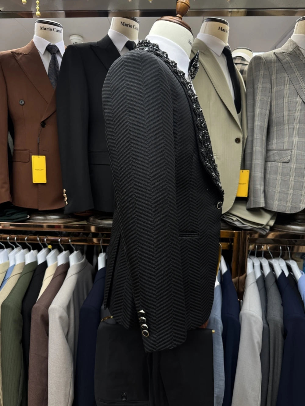 Black Jacquard men's suit set by Ansoff, including blazer, vest, and trousers, with sparkly beaded details for formal occasions