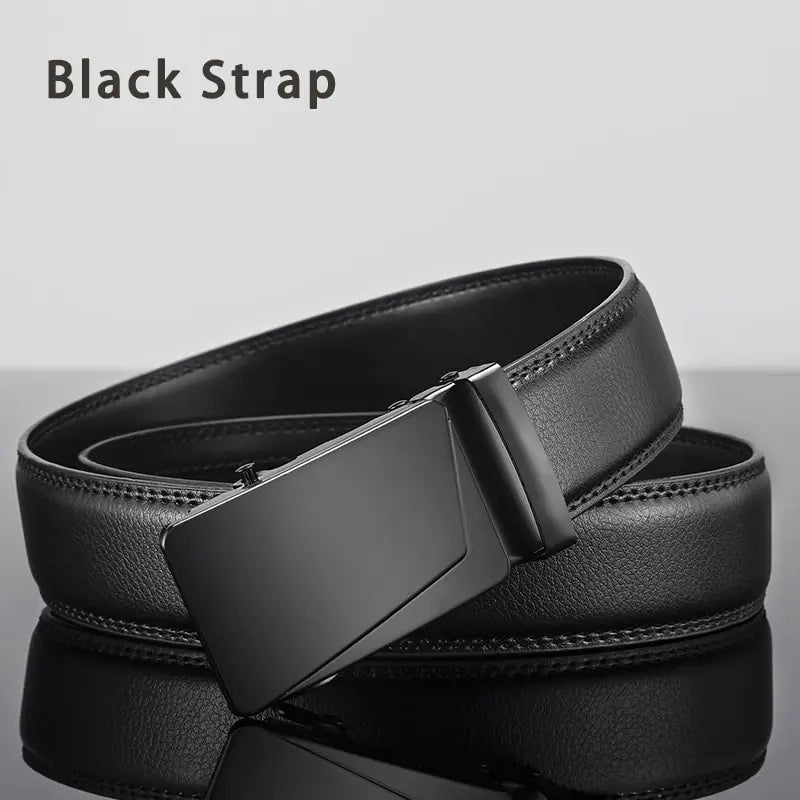 Men's black leather belt by Ansoff with a metal automatic buckle, high-quality luxury business belt with PU strap.