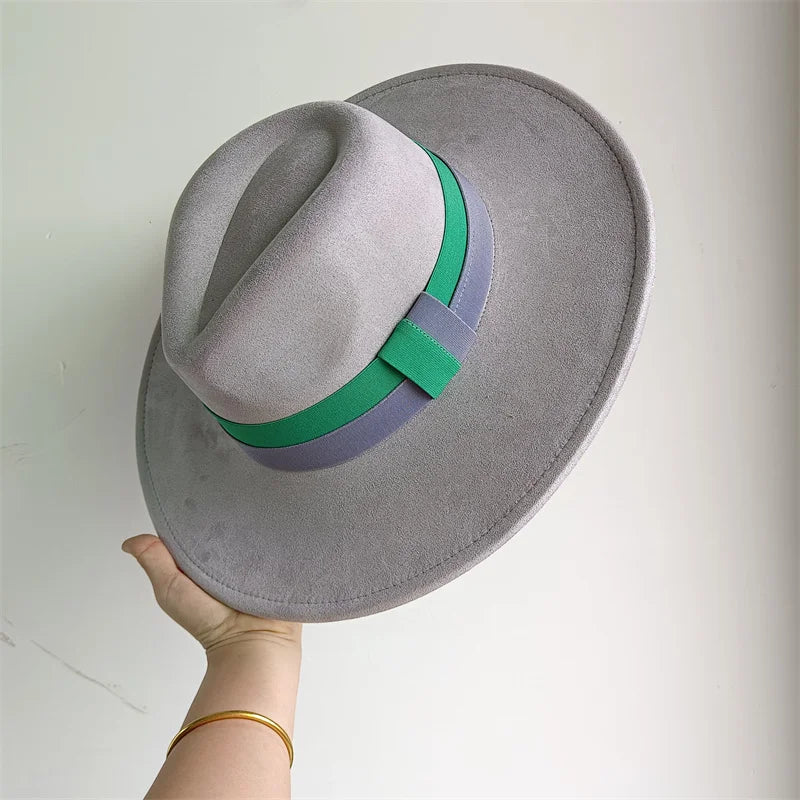 Colorful suede felt hat with wide brim, British style, suitable for women and men, featuring a vibrant colorblock ribbon detail.