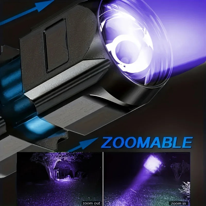 Ansoff portable UV395NM flashlight with zoom, three modes, compact ABS design for camping, pet detection, and fluorescent inspection.
