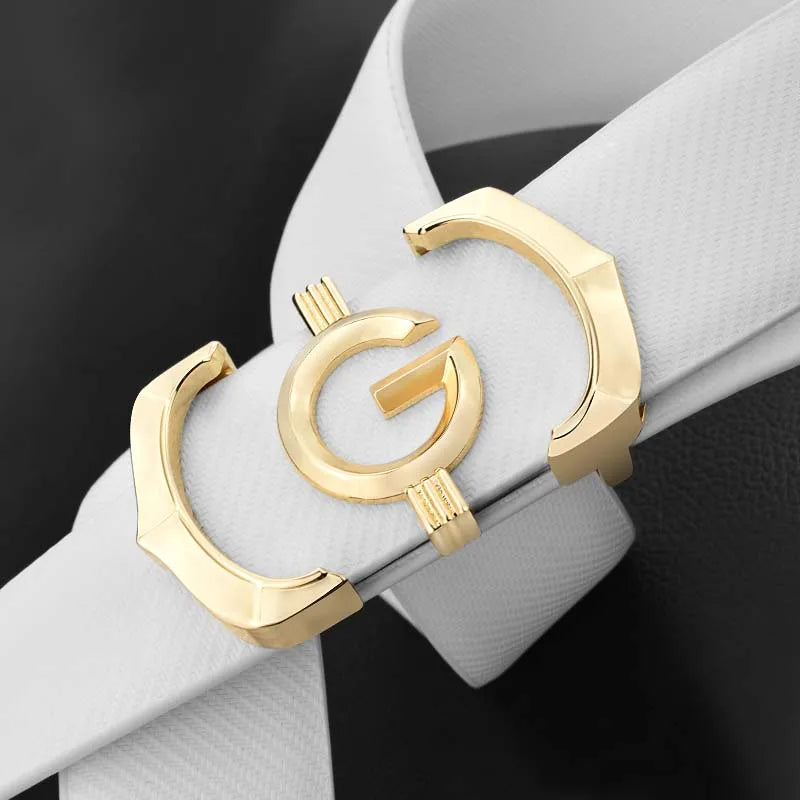 Ansoff men's designer G belt in genuine white leather, casual waist strap with luxury brand craftsmanship.