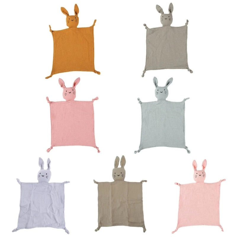 Soft gauze baby soothe blanket with rabbit design, ideal for cuddling, burp cloth, teether, and comfort for infants.