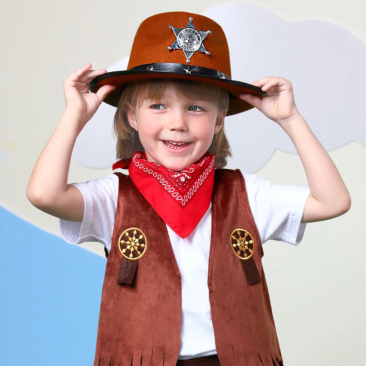 Toddler boys western cowboy brown felt hat with bandanna, perfect for cowgirl costume, Halloween, or wild west dress-up.