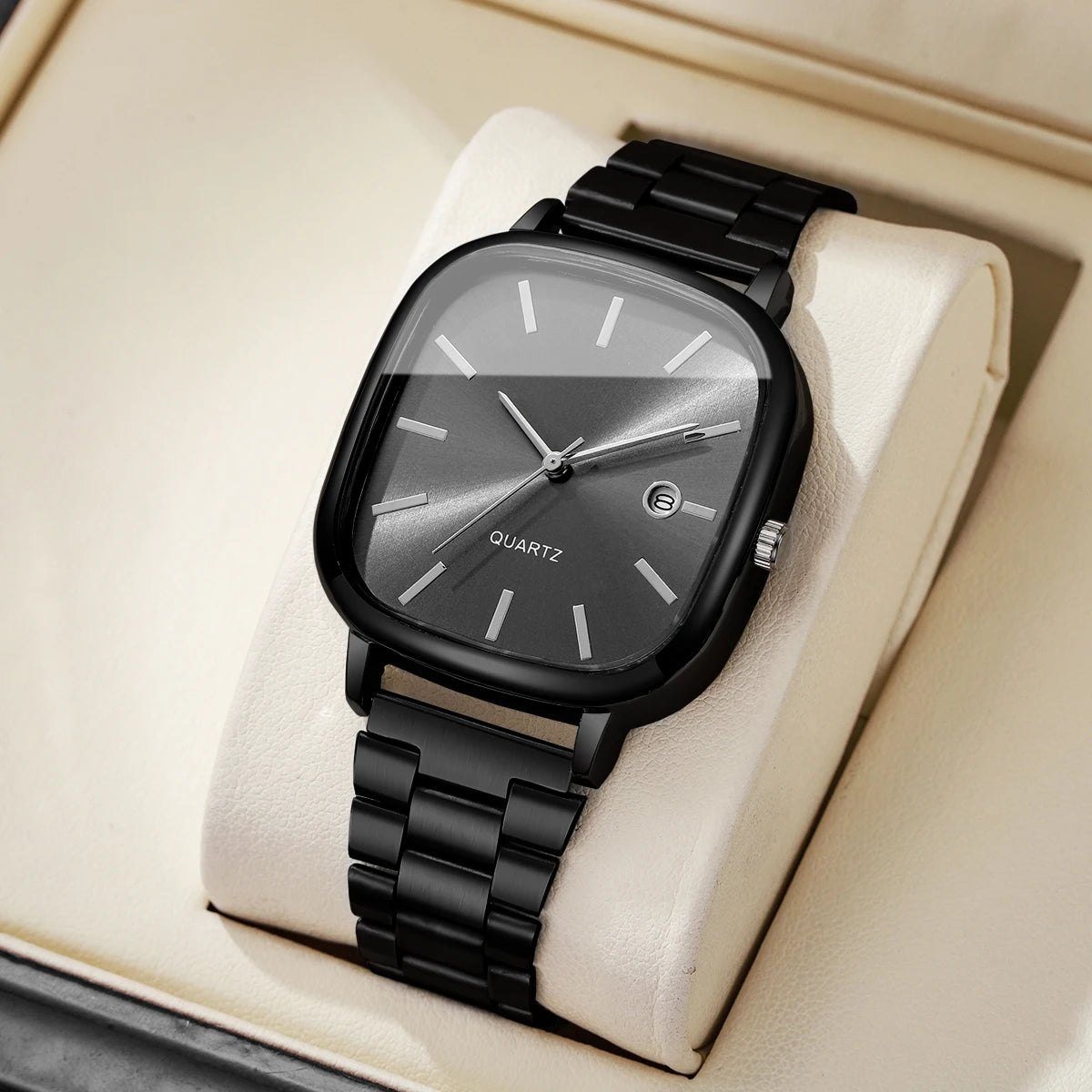 Ansoff men's square business watch with analog calendar, quartz movement, black strap, and silver dial showing time and date.