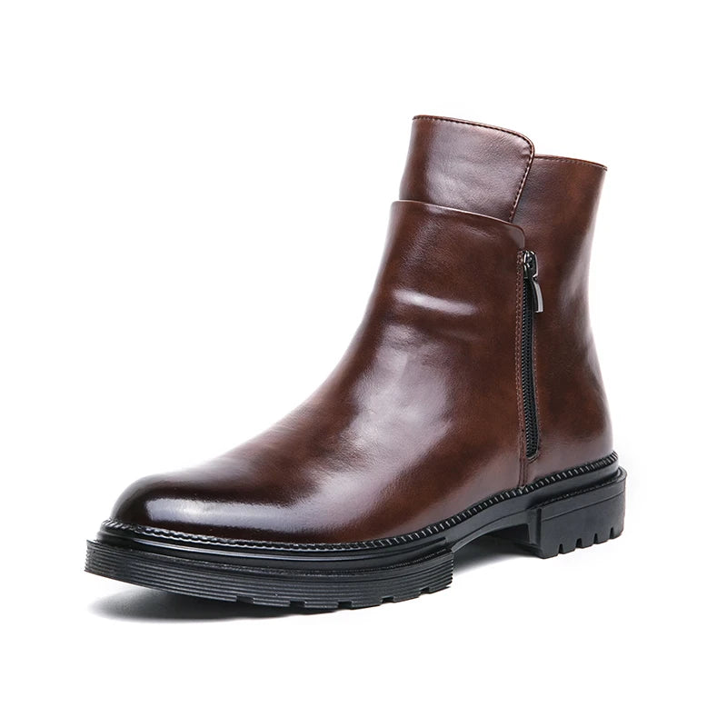 Round Toe Shoes Men's High Top Footwear Classic Retro Leather Chelsea Boots Side Zipper Fashion Ankle Boots Male Business Shoes - Acros