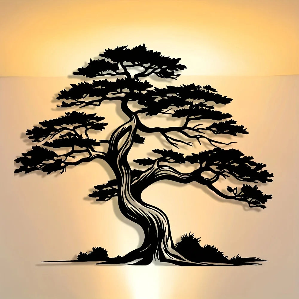 2D Flat, Iron Pine Tree Wall Art - Elegant Abstract Design with Sunny Effect, Perfect for Home, Office, Cafe, or Terrace Decor