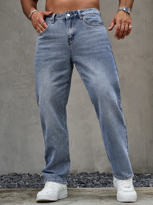 Men's blue denim jeans by Ansoff with a loose fit, straight leg style, soft durable fabric, casual versatile trousers for all seasons